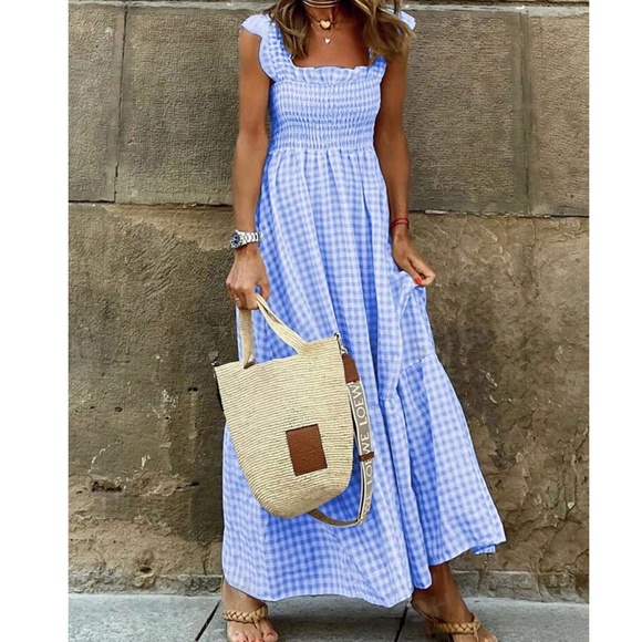 Boho Gingham Print Ruffle Sleeve Maxi Dress - Picture 4 of 7